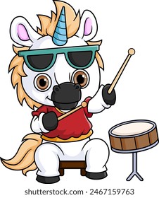 a unicorn cartoon playing a drum with chopsticks of illustration