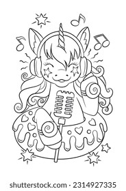 Unicorn cartoon. Pony outline. Unicorn coloring page. Little unicorn listening to music