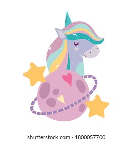 unicorn cartoon portrait dream magic planet stars moon cloud vector illustration