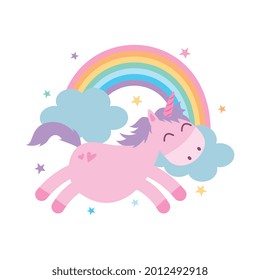 unicorn cartoon with rainbow between stars. vector illustration