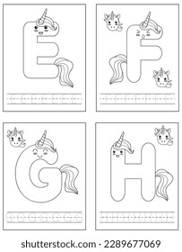 Unicorn cartoon. Set of alphabet tracing practice English handwriting E, F, G, H. Coloring book for kids. Activity Book. Learning alphabet. Preschool worksheet.