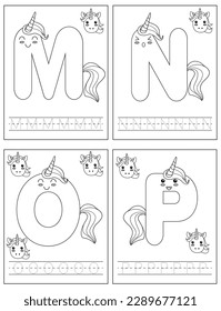 Unicorn cartoon. Set of alphabet tracing practice English handwriting M, N, O, P. Coloring book for kids. Activity Book. Learning alphabet. Preschool worksheet.