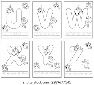 Unicorn cartoon. Set of alphabet tracing practice English handwriting U, V, W, X, Y, Z. Coloring book for kids. Activity Book. Learning alphabet. Preschool worksheet.