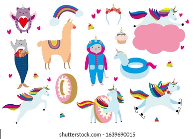 Unicorn cartoon set vector illustration. Kittycorn and lamacorn cute magical animal characters in suits and scarf play and jump flat style. Fantasy collection of baby animals on white background