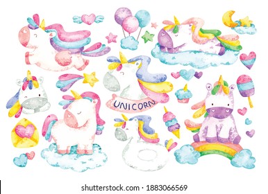 Unicorn cartoon set in water color vector