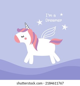 Unicorn cartoon and stars on purple wave sky background vector illustration.