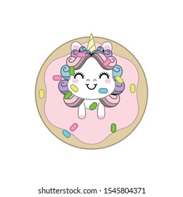 Unicorn cartoon in sweet donut, baby animal, Kawaii Character   Vector illustration.