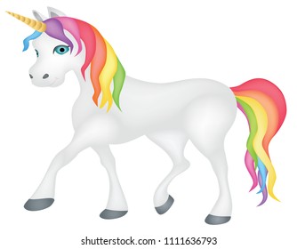 Unicorn cartoon vector illustration- White with with rainbow colored mane and tail