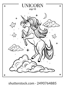 Unicorn cartoon, vector line art, outline, coloring sheet, transparent background