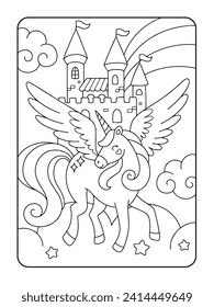 Ilustración de la página de colores de unicornio y castillo