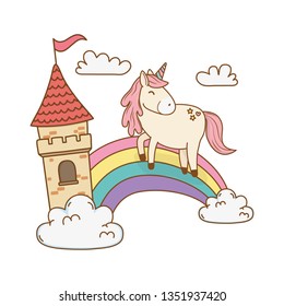 unicorn with castle and rainbow in the clouds