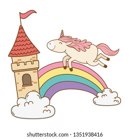 unicorn with castle and rainbow in the clouds