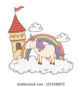 unicorn with castle and rainbow in the clouds