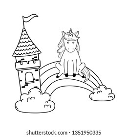 unicorn with castle and rainbow in the clouds