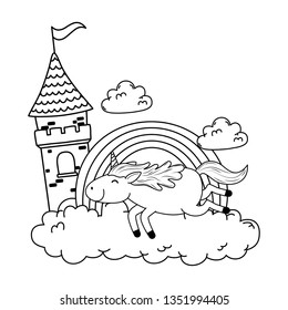 unicorn with castle and rainbow in the clouds