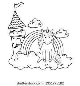 unicorn with castle and rainbow in the clouds