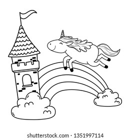 unicorn with castle and rainbow in the clouds