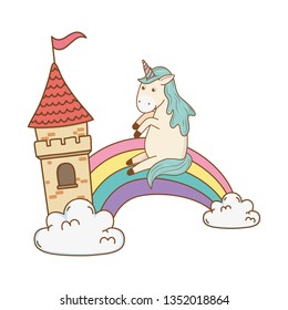 unicorn with castle and rainbow in the clouds