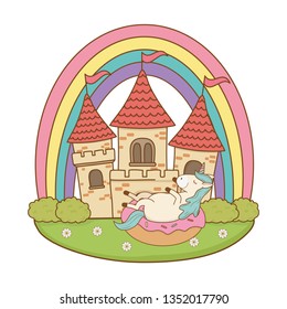 unicorn with castle and rainbow in the field
