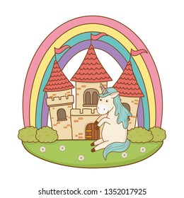 unicorn with castle and rainbow in the field