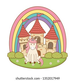 unicorn with castle and rainbow in the field