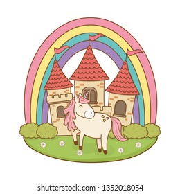 unicorn with castle and rainbow in the field