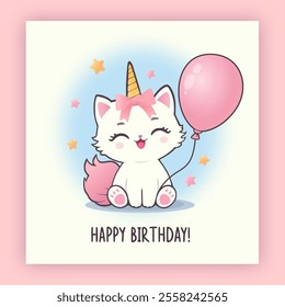 Unicorn Cat With Balloon Happy Birthday Card