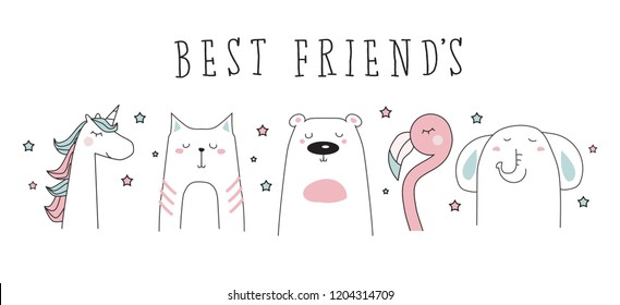 unicorn, cat, bear, flamingo, elephant doodle best friends vector illustration