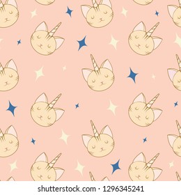 Unicorn Cat and blue star cute seamless pattern. Cartoon vector illustration. Nursery background for kids. Isolated - Vector.