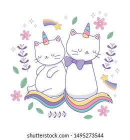 Unicorn cat cartoon couple vector design
