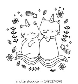Unicorn cat cartoon couple vector design