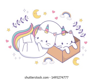 Unicorn cat cartoon couple vector design
