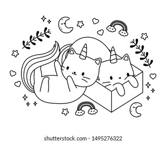Unicorn cat cartoon couple vector design