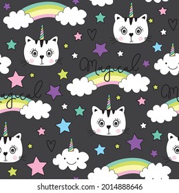 Unicorn cat cartoon seamless pattern. Vector seamless pattern with rainbow, cloud, star and cats with unicorn horn