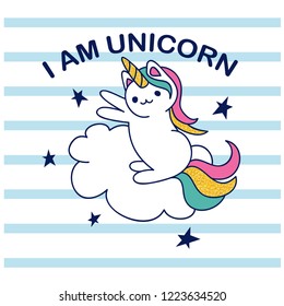 Unicorn cat drawing.I am unicorn.Cute illustration for kids.Cat drawing with blue stripes.Vector illustration design for fashion fabrics, textile graphics, print.