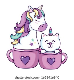 unicorn and cat fantasy in cups vector illustration design