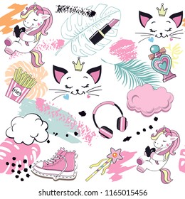 unicorn, cat, girl items and palm leaves seamless pattern