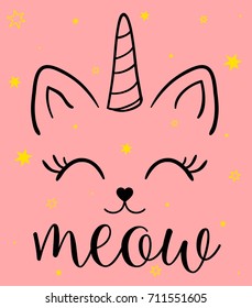 unicorn cat illustration print design for kid clothes.