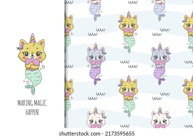 Unicorn cat mermaid with heart in arms cartoon vector illustration for posters, T-shirt print, postcard. Kids card print template and seamless background pattern set. 