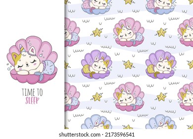 Unicorn cat mermaid sleep in a shell cartoon vector illustration for posters, T-shirt print, postcard. Kids card print template and seamless background pattern set. 