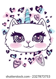 Unicorn cat on background with leopard skin spots. Kitten Anime eyes. Leopard hearts pattern