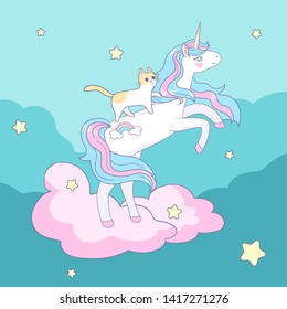 unicorn with a cat on the clouds