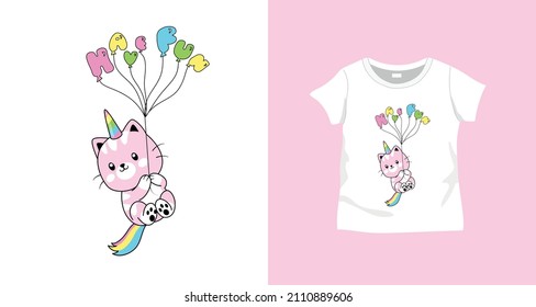 Unicorn cat on t-shirt with letter balloon and slogan for design printing.