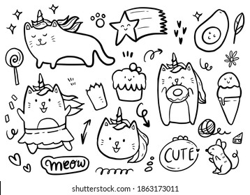 Unicorn cat playing with cake and donuts drawing doodle collection