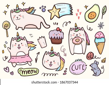 Unicorn cat playing with cake and donuts drawing doodle collection