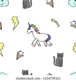 Unicorn and cat seamless doodle art