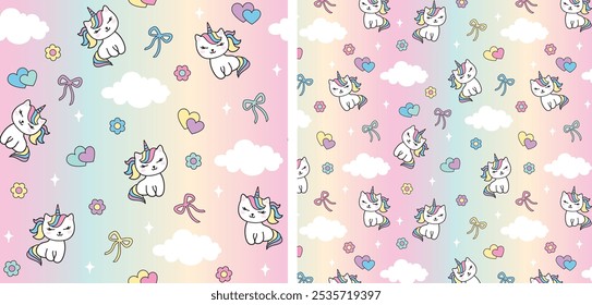 Padrão sem emenda do gato do unicórnio com arcos-íris
