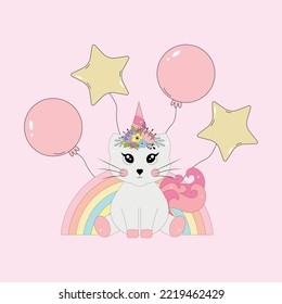 El gato unicornio está sentado sobre un fondo de arcos y globos.