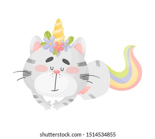 Unicorn cat is sleeping. Vector illustration on a white background.