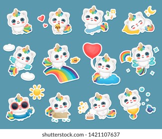 Unicorn cat sticker set - happy white kitten with rainbow horn and tail flying, swimming, sleeping with funny face. Isolated cute vector illustration collection with fantasy pet in various poses